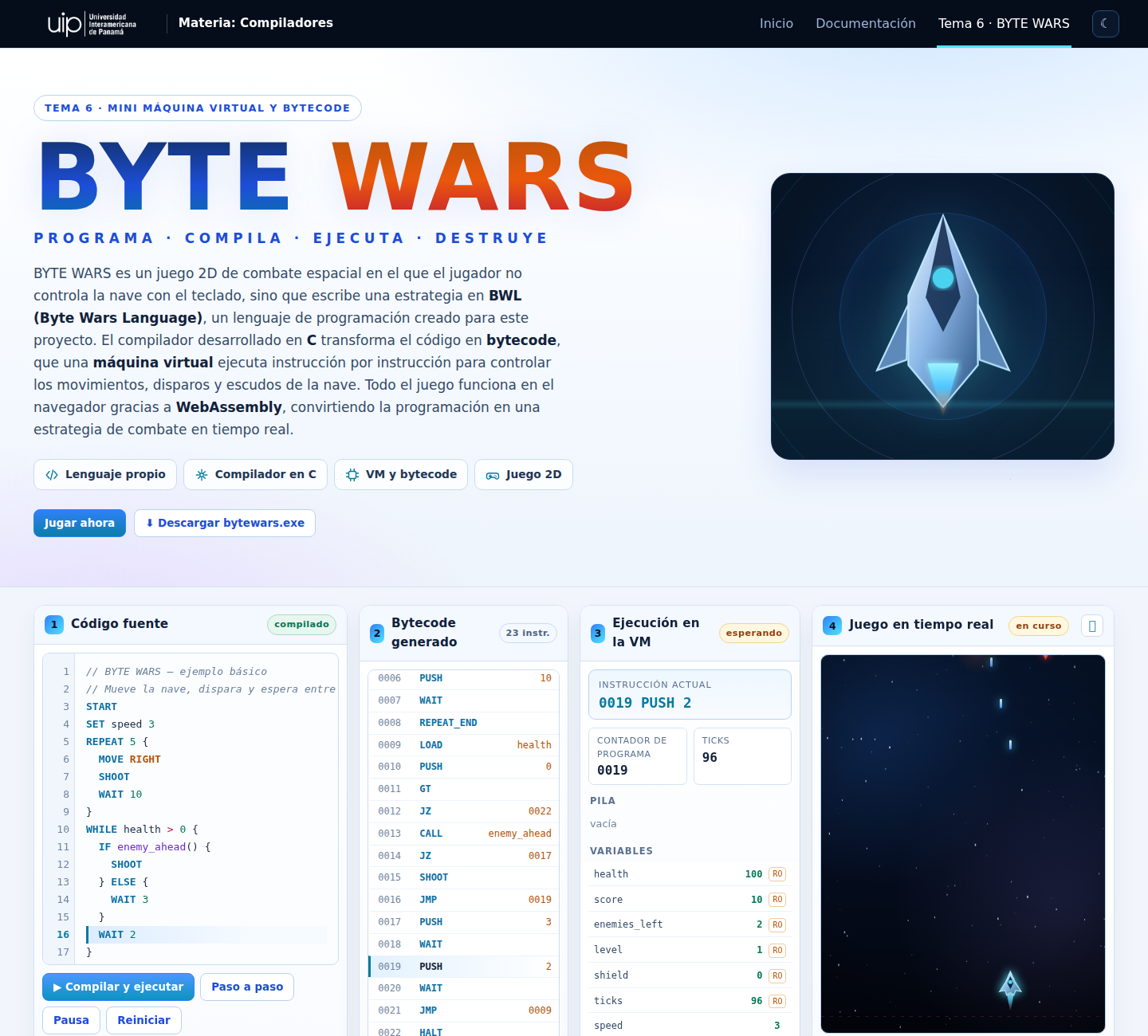 Tablero de BYTE WARS en modo claro
