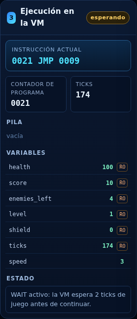 Panel de la máquina virtual con PC, pila y variables